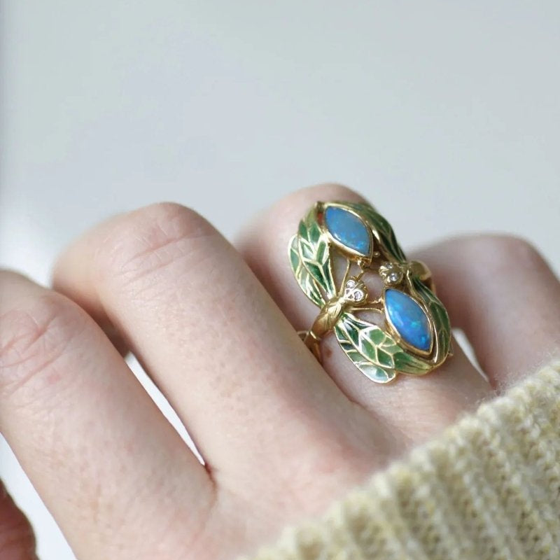 Bague libellule opales style Art Nouveau émail - Castafiore