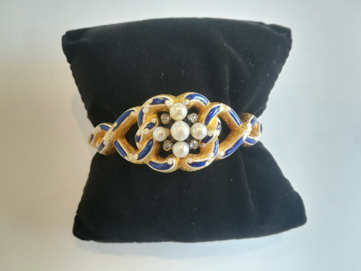 Antique Gold Enamel Bracelet with Pearls and Diamonds