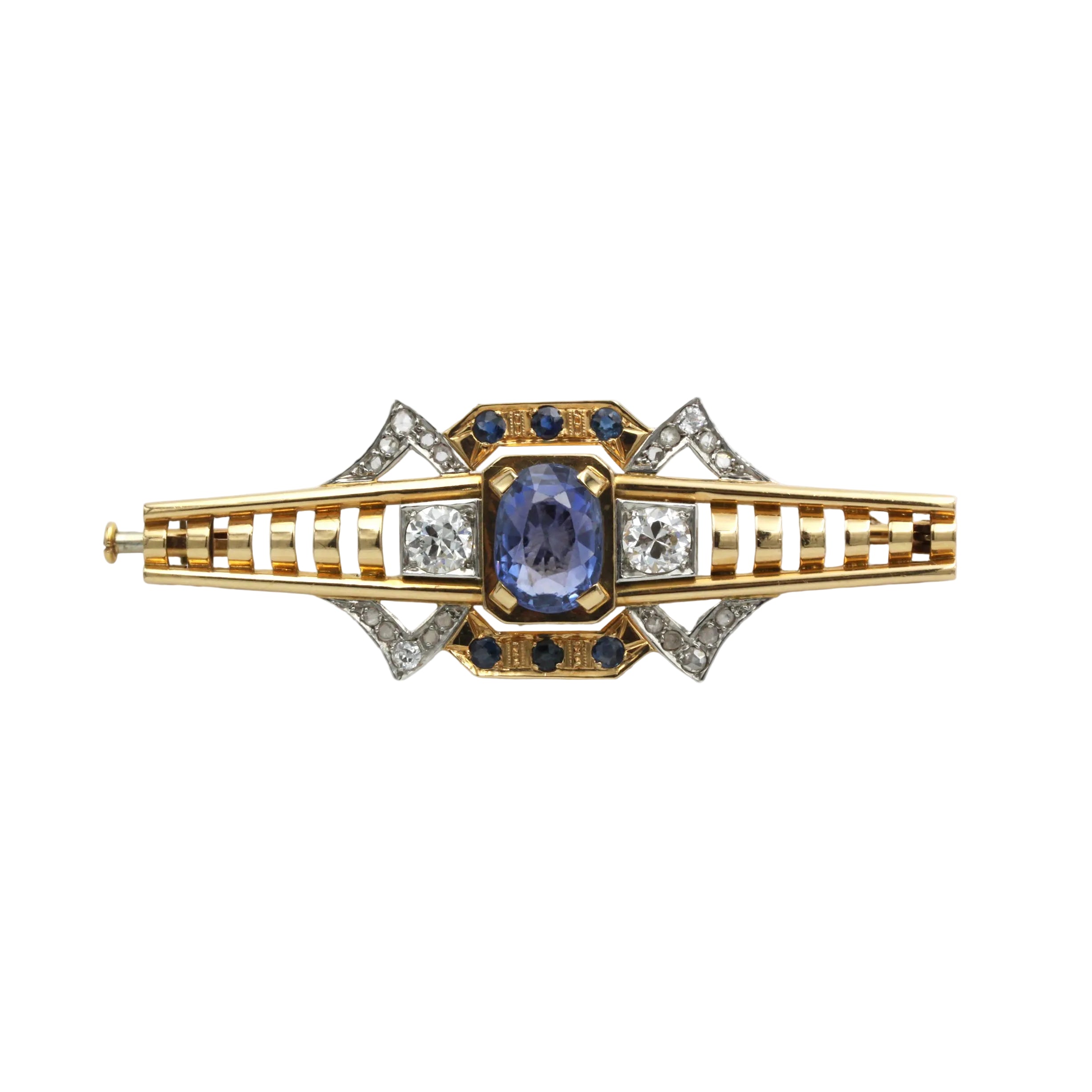 Brooch made of yellow gold, platinum, sapphires, and diamonds