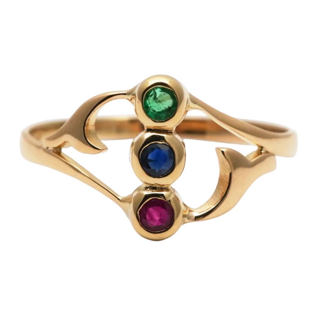 Trilogy Ring in yellow gold, emerald, sapphire, and ruby