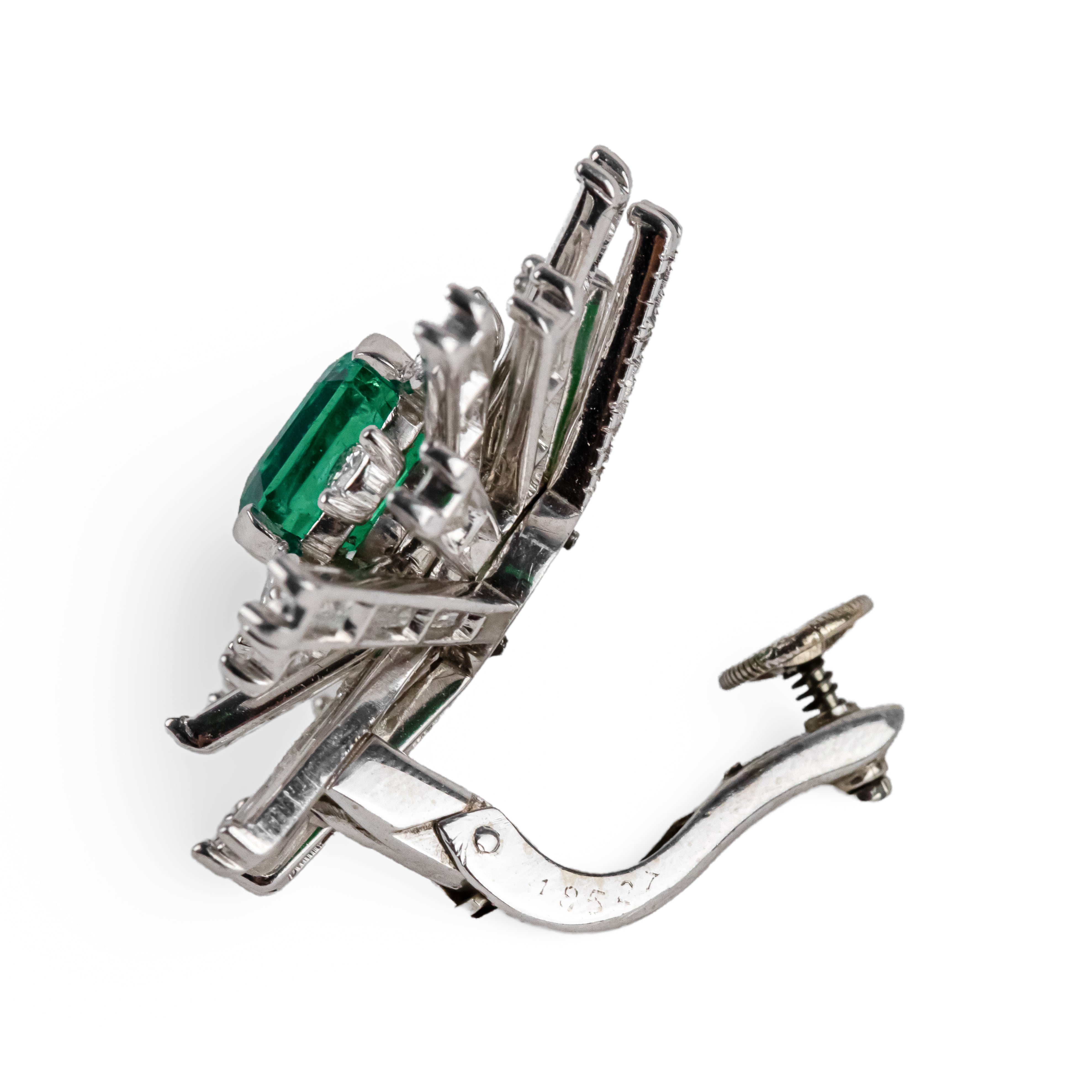 Clip-on earrings in white gold, platinum, Colombian emeralds, and diamonds