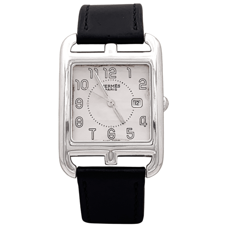Montre Hermès, "Cape Cod", acier, cuir, grand modèle.