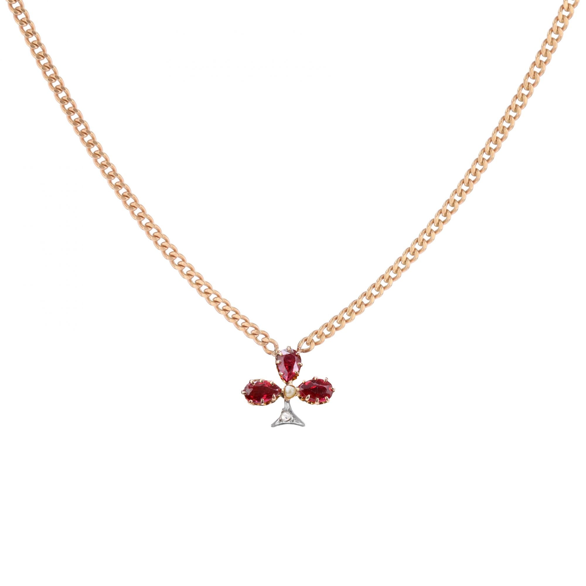 Rose Gold Necklace with Pendant, Pearl, Ruby, and Diamond