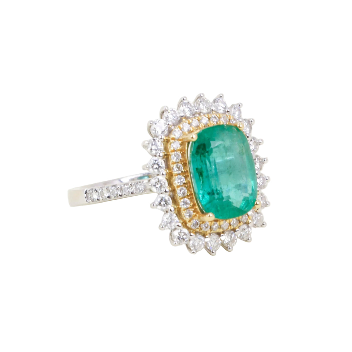 Entourage Ring in white gold, yellow gold, Emerald, and Diamonds