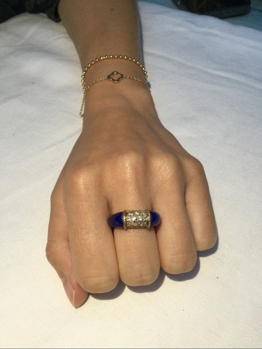 Yellow Gold Bangle Ring with Lapis lazuli and Diamonds