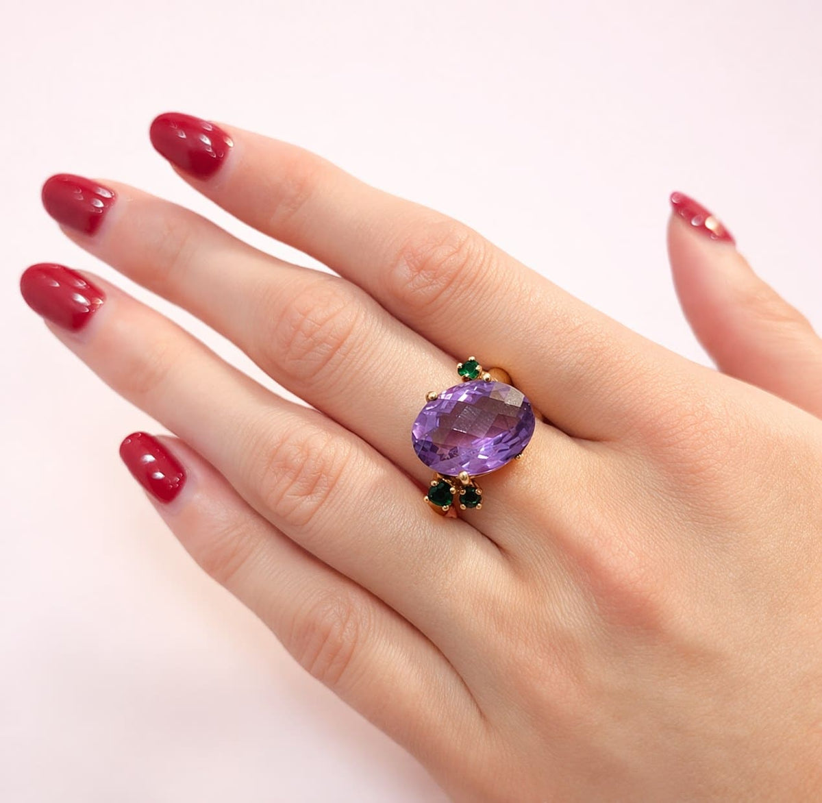 Cocktail Ring in Yellow Gold, Amethyst, and Tsavorites