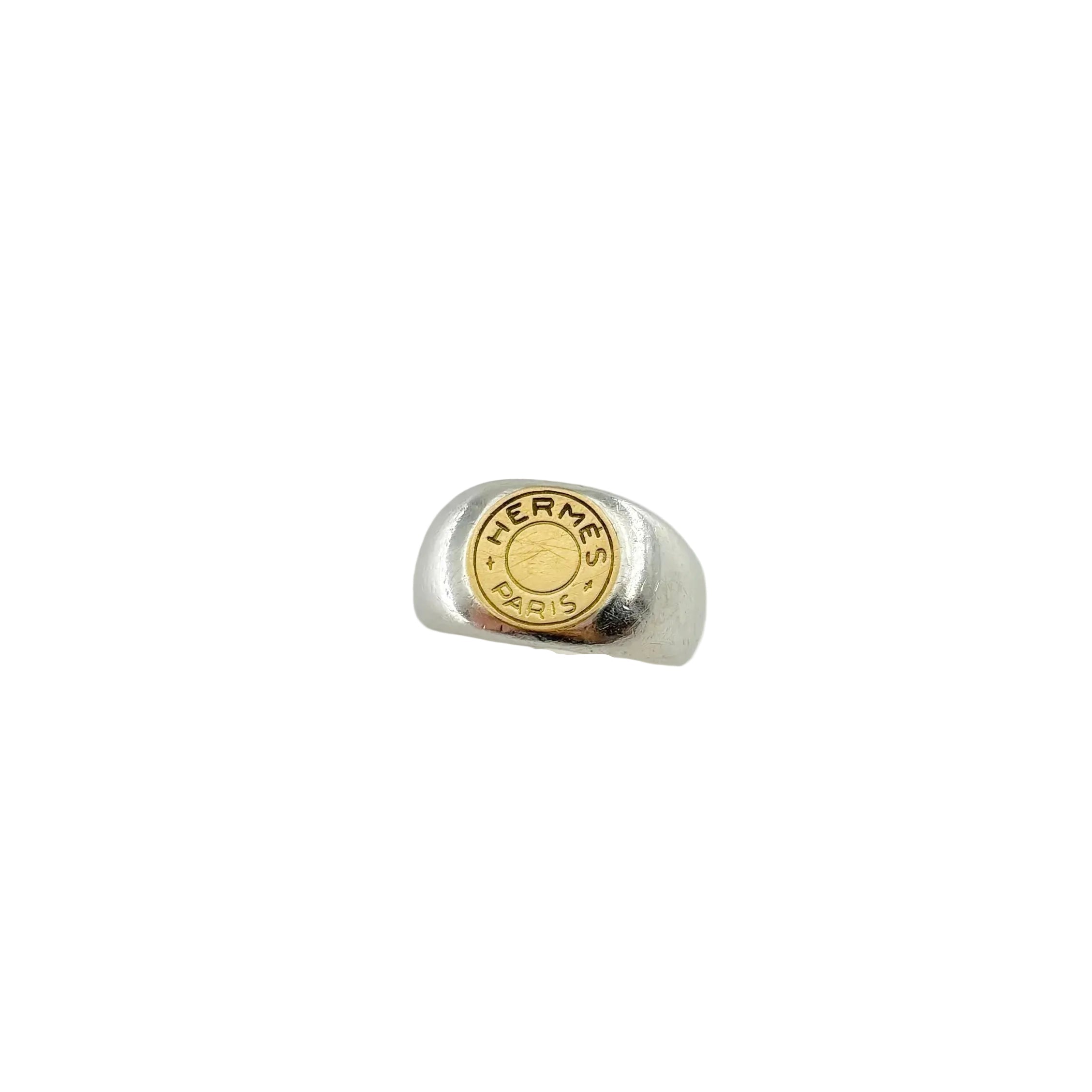 HERMÈS "Clou de selle" Signet ring in Silver and Yellow gold