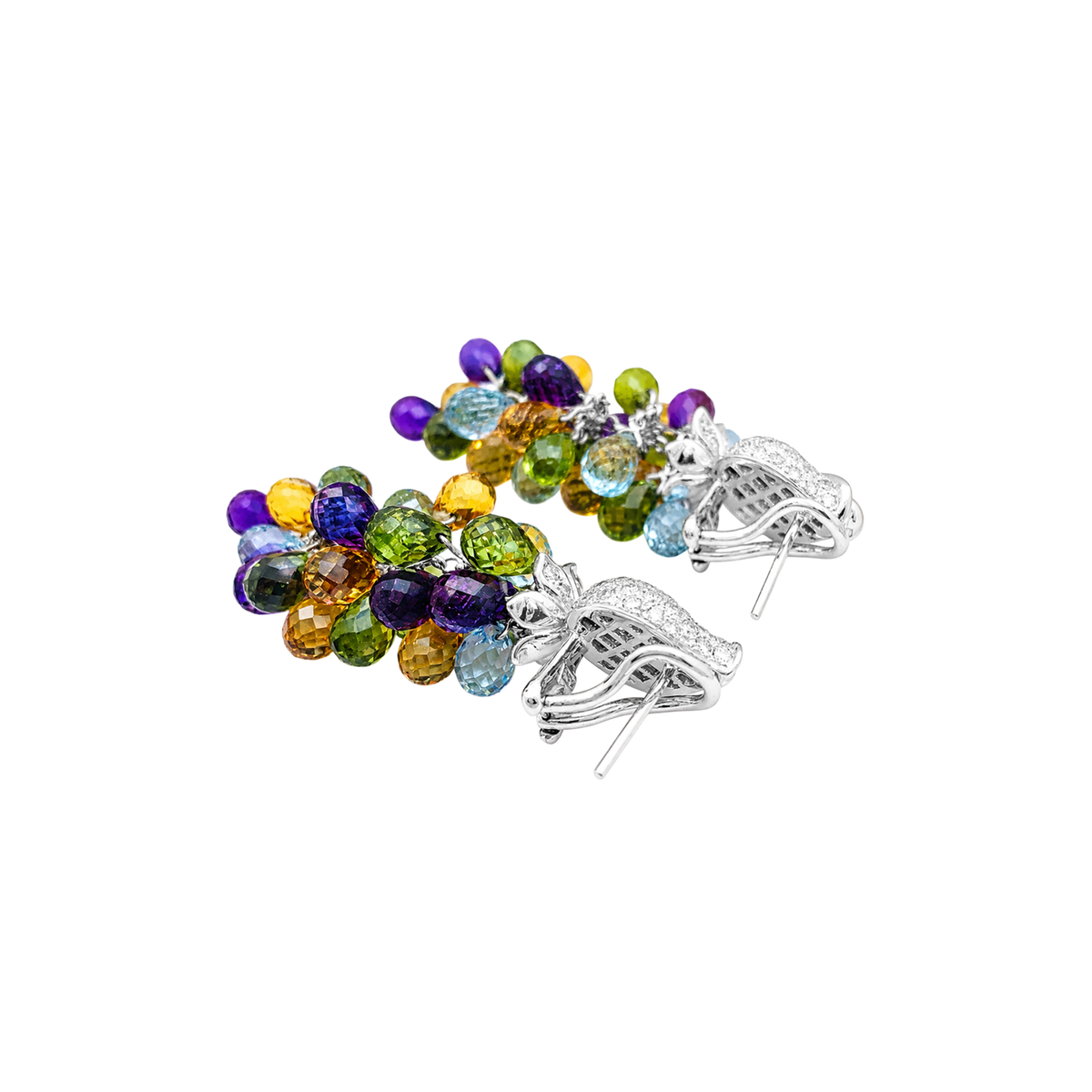 Boucles d'oreilles Pendantes en or blanc, améthystes, citrines, topazes, péridots et diamants