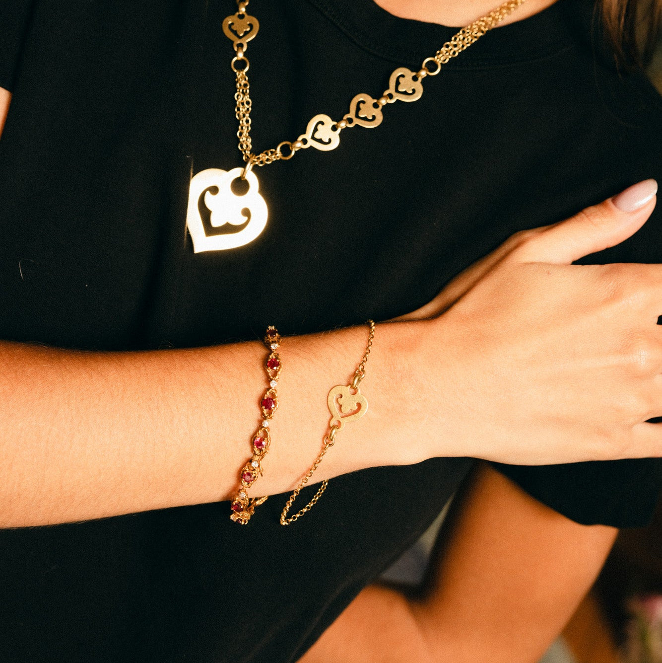Yellow Gold Link Bracelet with Rubies and Diamonds