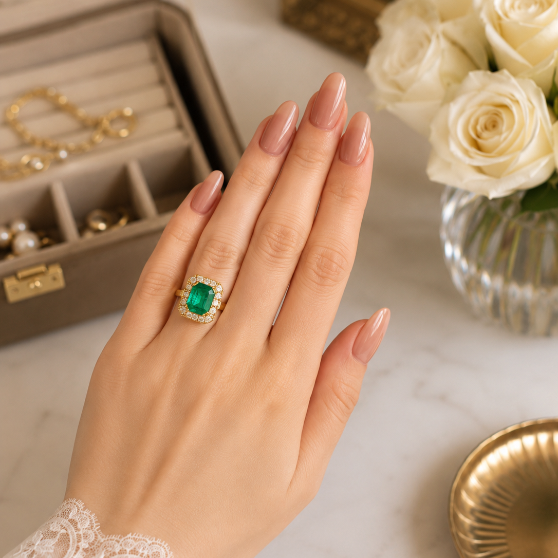 Entourage Ring in yellow gold, emerald, and diamonds