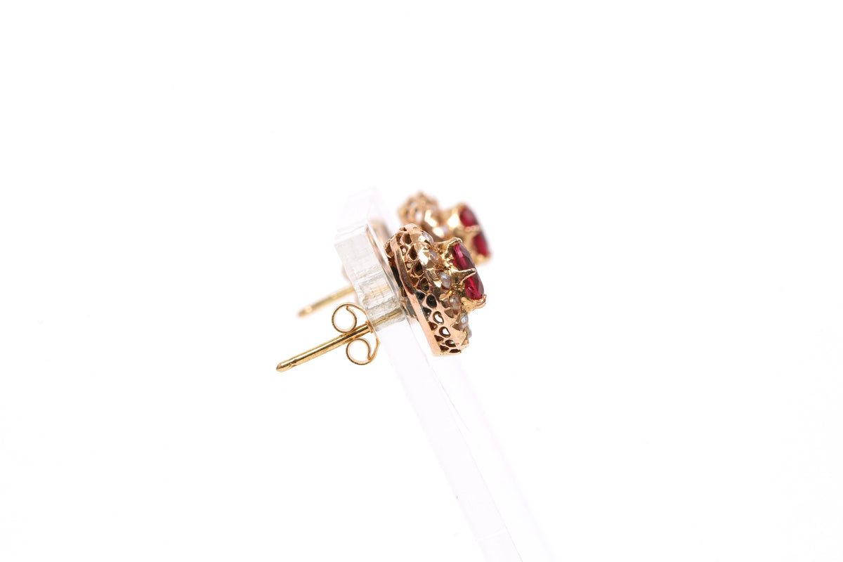 Yellow Gold Stud Earrings with Pearls and Rubies