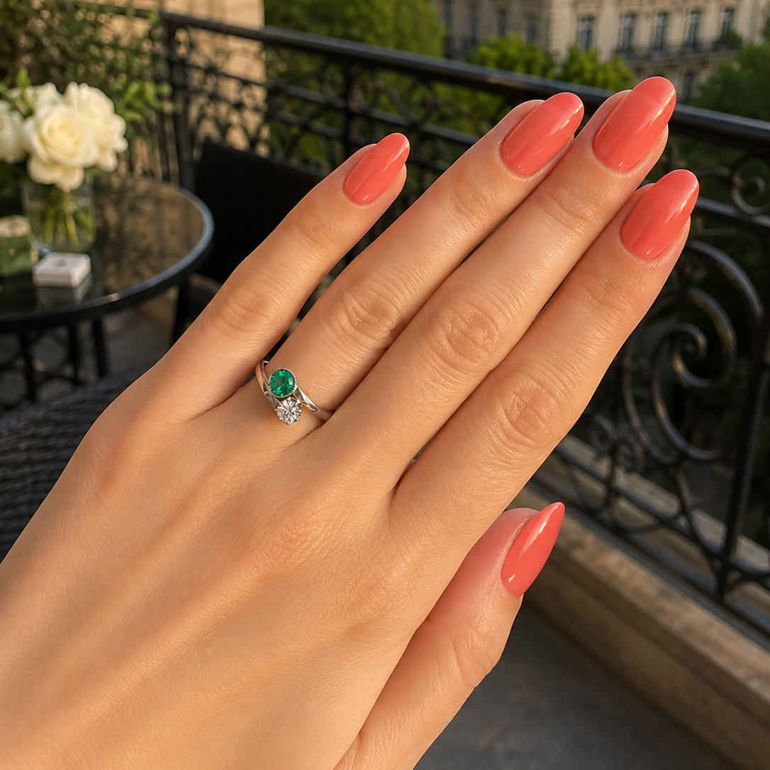 "Toi & Moi" Ring in White Gold, Emerald, and Diamond