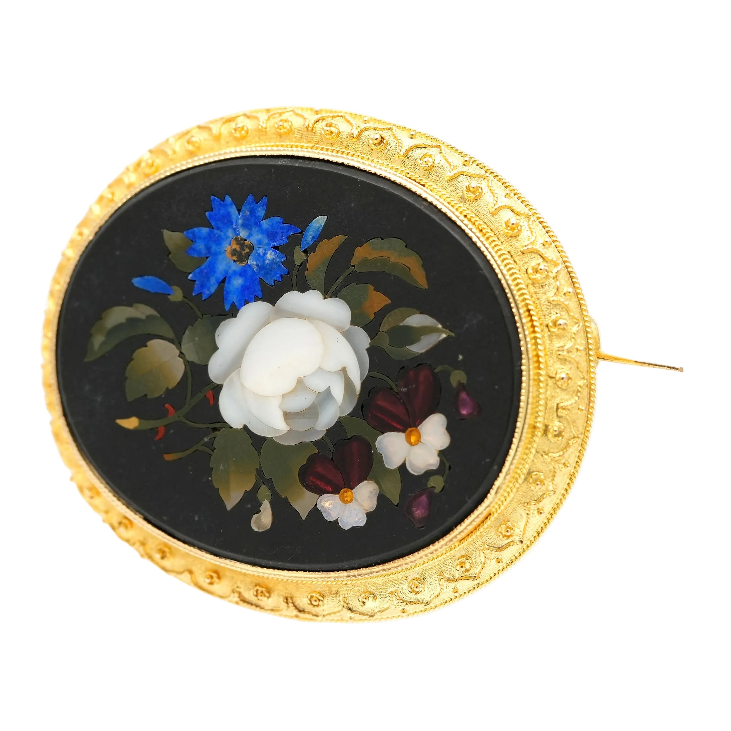 Brooch made of yellow gold, jasper, Lapis lazuli, mother-of-pearl, and opal