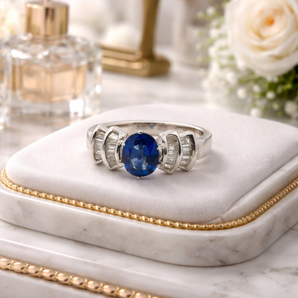 White gold ring with a sapphire and diamonds