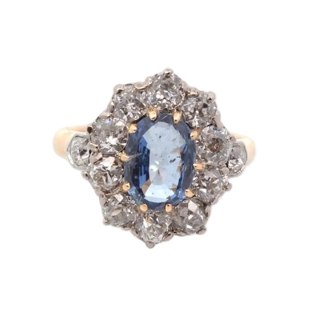Pompadour Ring in yellow gold, platinum, sapphire, and diamonds