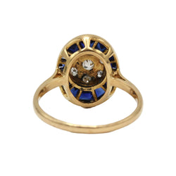 Ring in yellow gold, platinum, sapphires, and diamonds
