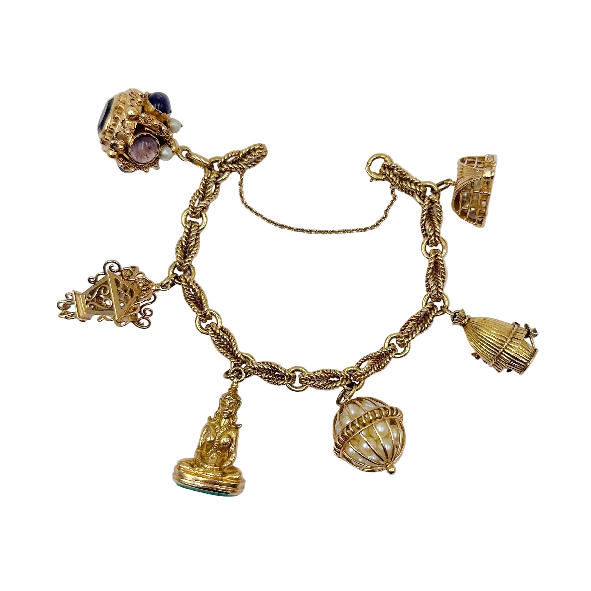 Link Bracelet Yellow gold charms, pearls, amethysts, amazonite, garnet, turquoise, ruby and sapphire