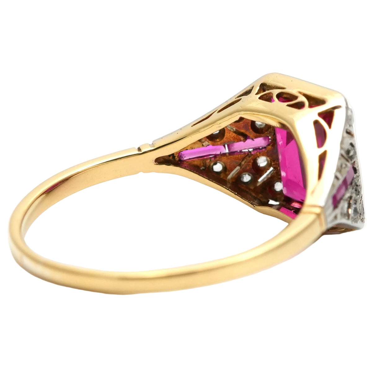 Art Deco ring in white gold, yellow gold, rubies, and diamonds