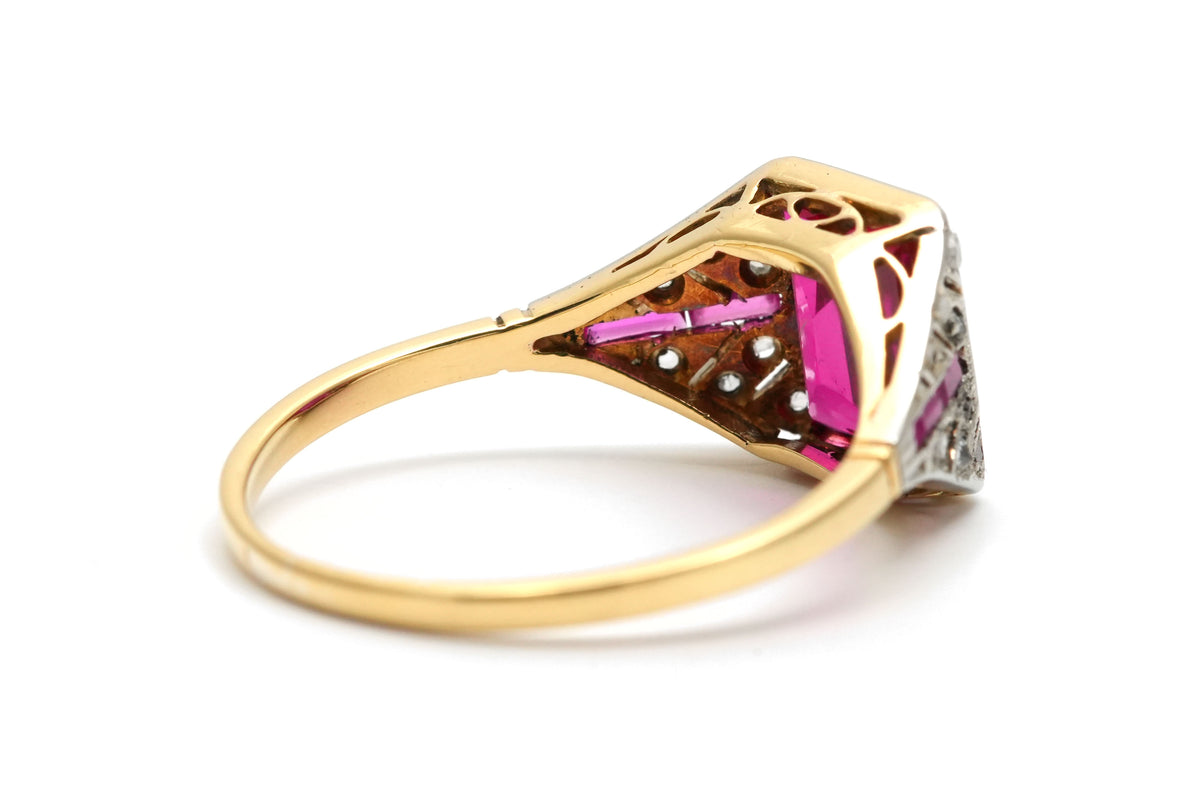 Art Deco ring in white gold, yellow gold, rubies, and diamonds