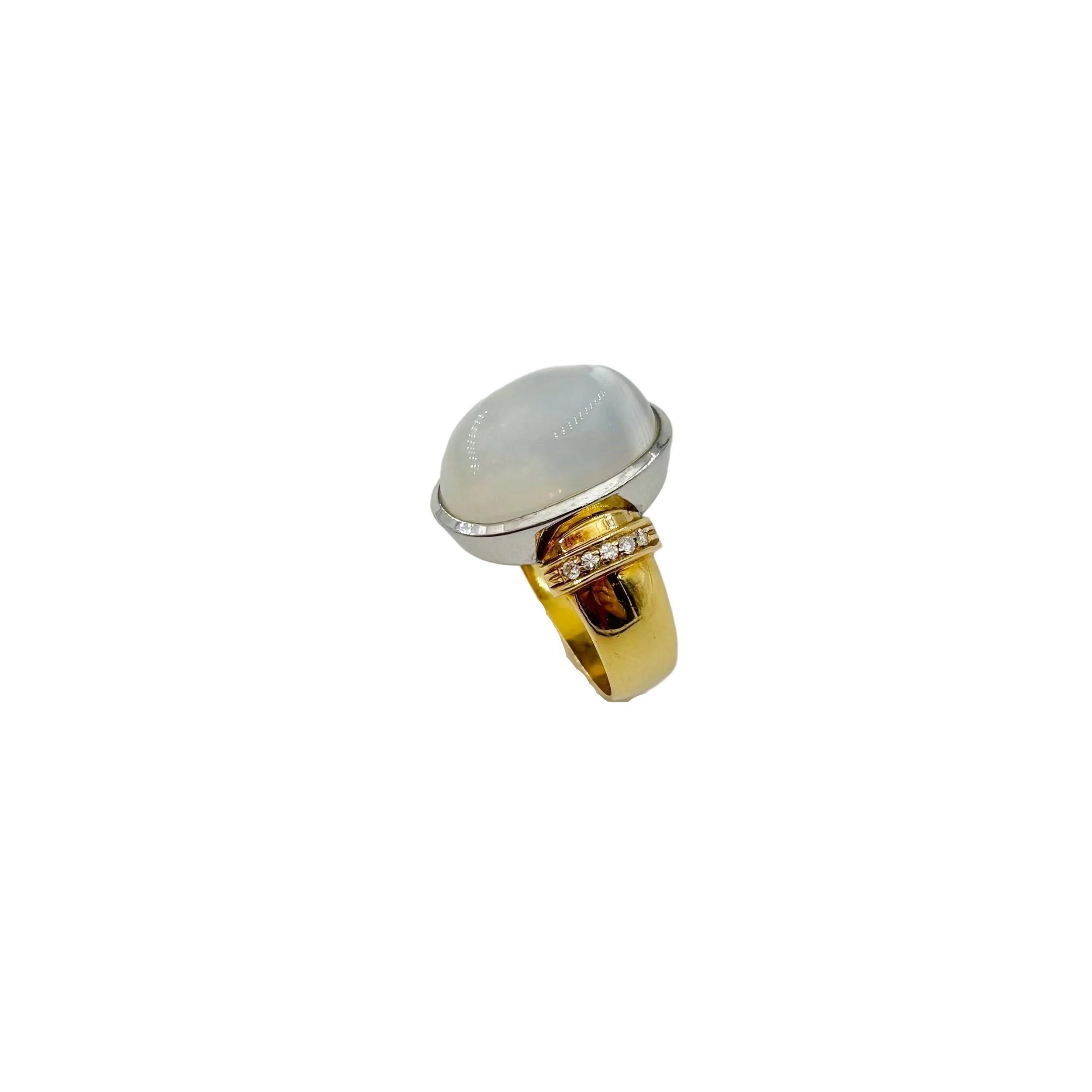 Solitaire Ring in yellow gold, white gold, moonstone, and diamonds
