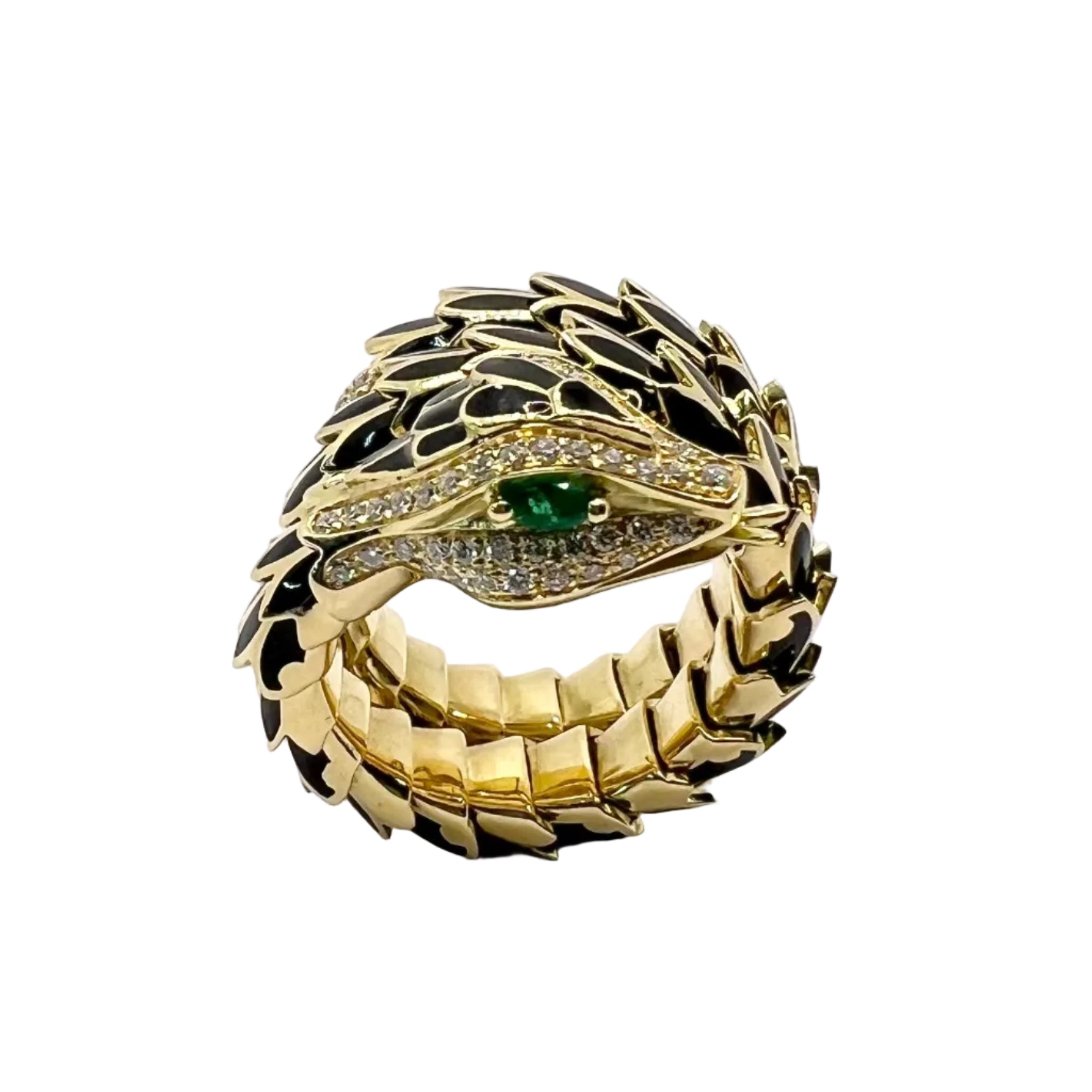 Ring in yellow gold, Enamel, emeralds, and Diamonds