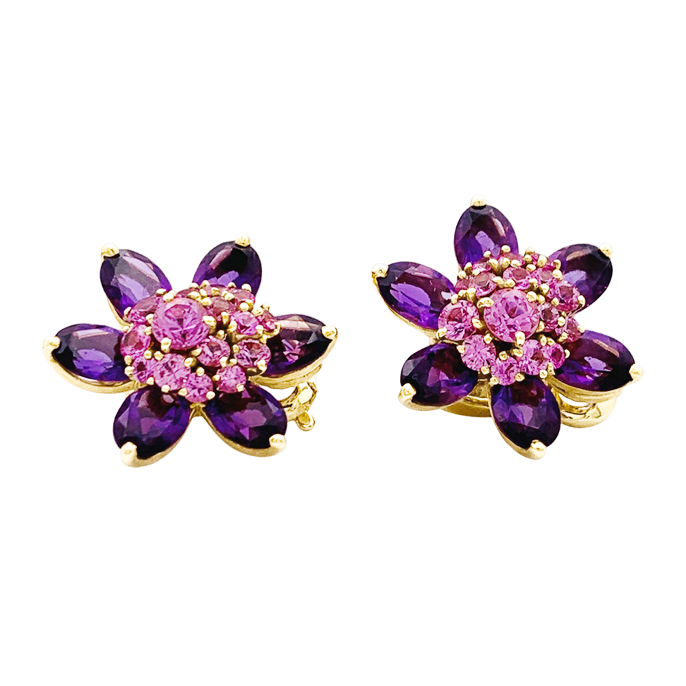 Earrings Van Cleef & Arpels, "Flowers of Hawaii", yellow gold, amethyst, pink sapphires.