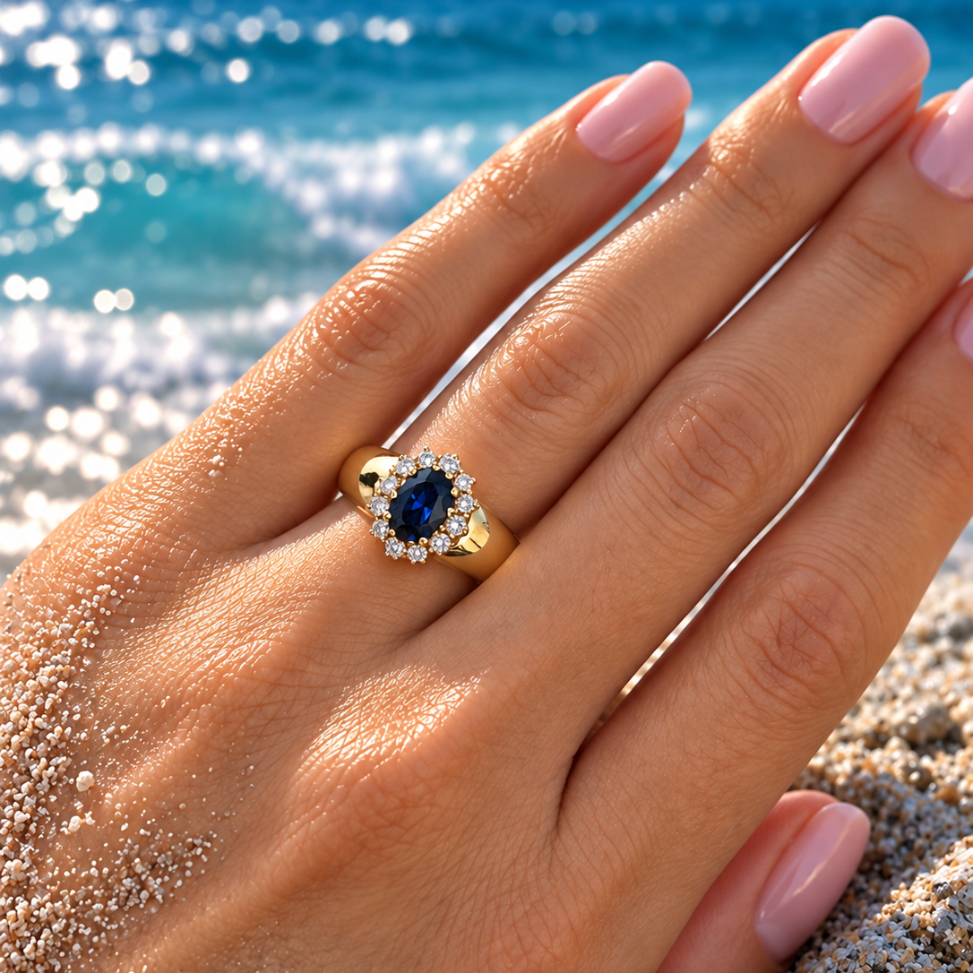 Cocktail Ring in Yellow Gold, Sapphire, and Diamonds