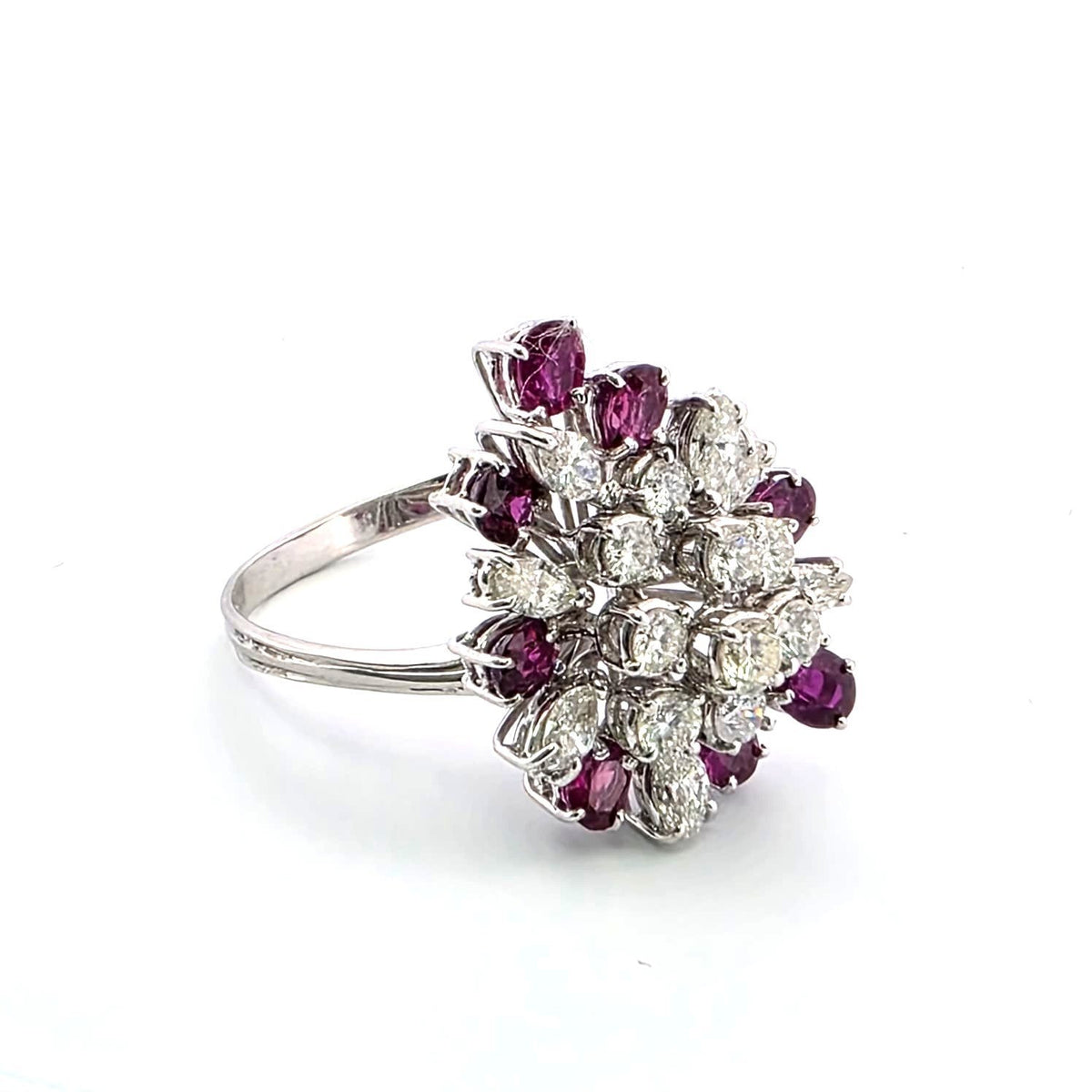 Marguerite Ring in White Gold, Rubies, and Diamonds
