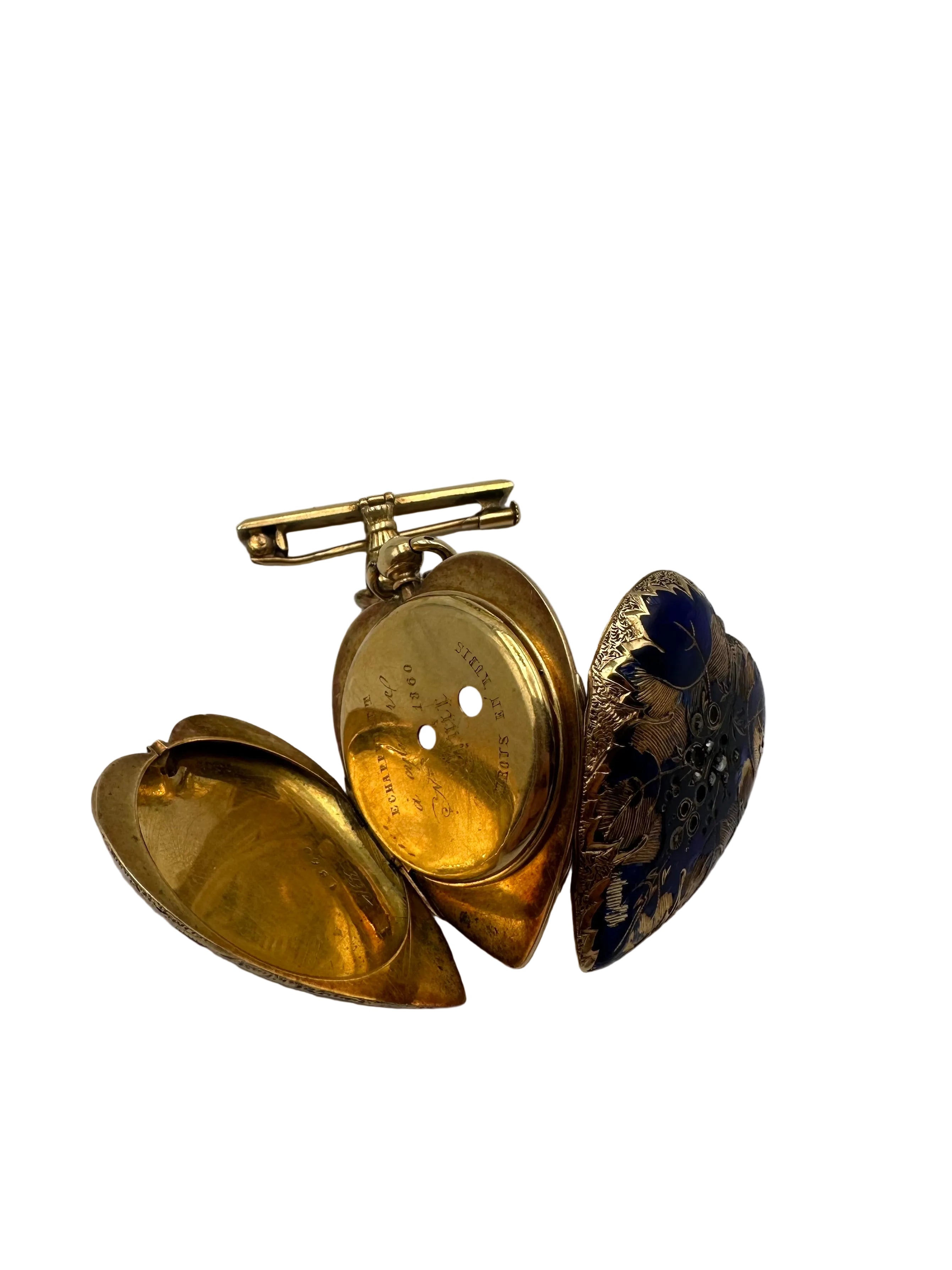 Heart Locket Brooch in Yellow Gold, Enamel and Diamonds