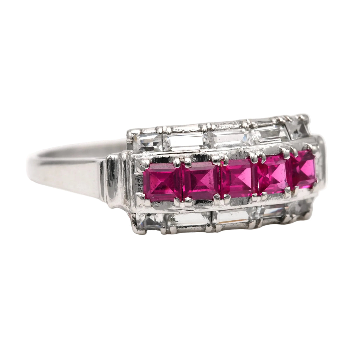 Tank Ring in white gold, rubies, and zirconia