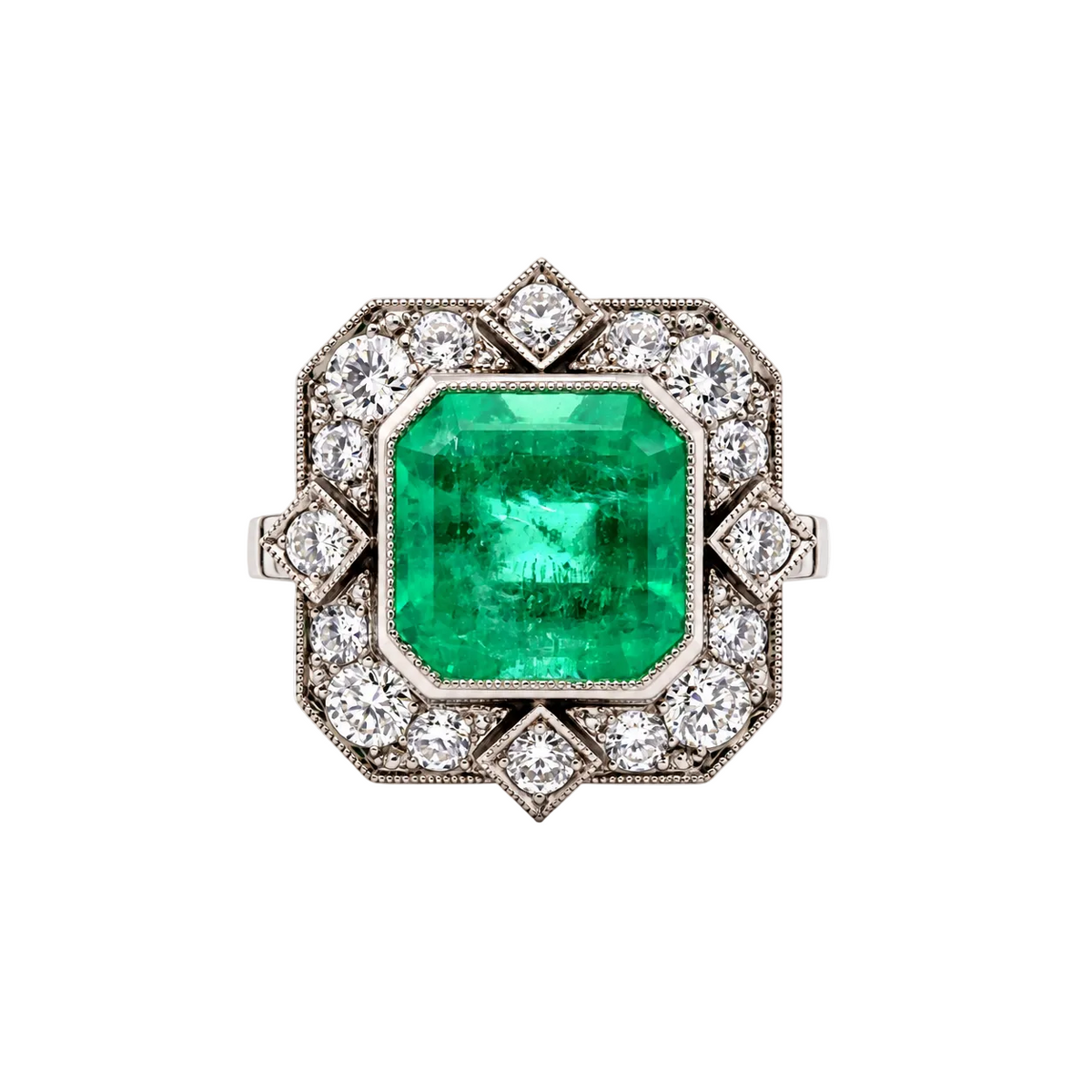 Cocktail Ring in Platinum, Emerald, and Diamonds