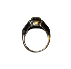 Ring in white gold, yellow gold, emerald, and diamonds