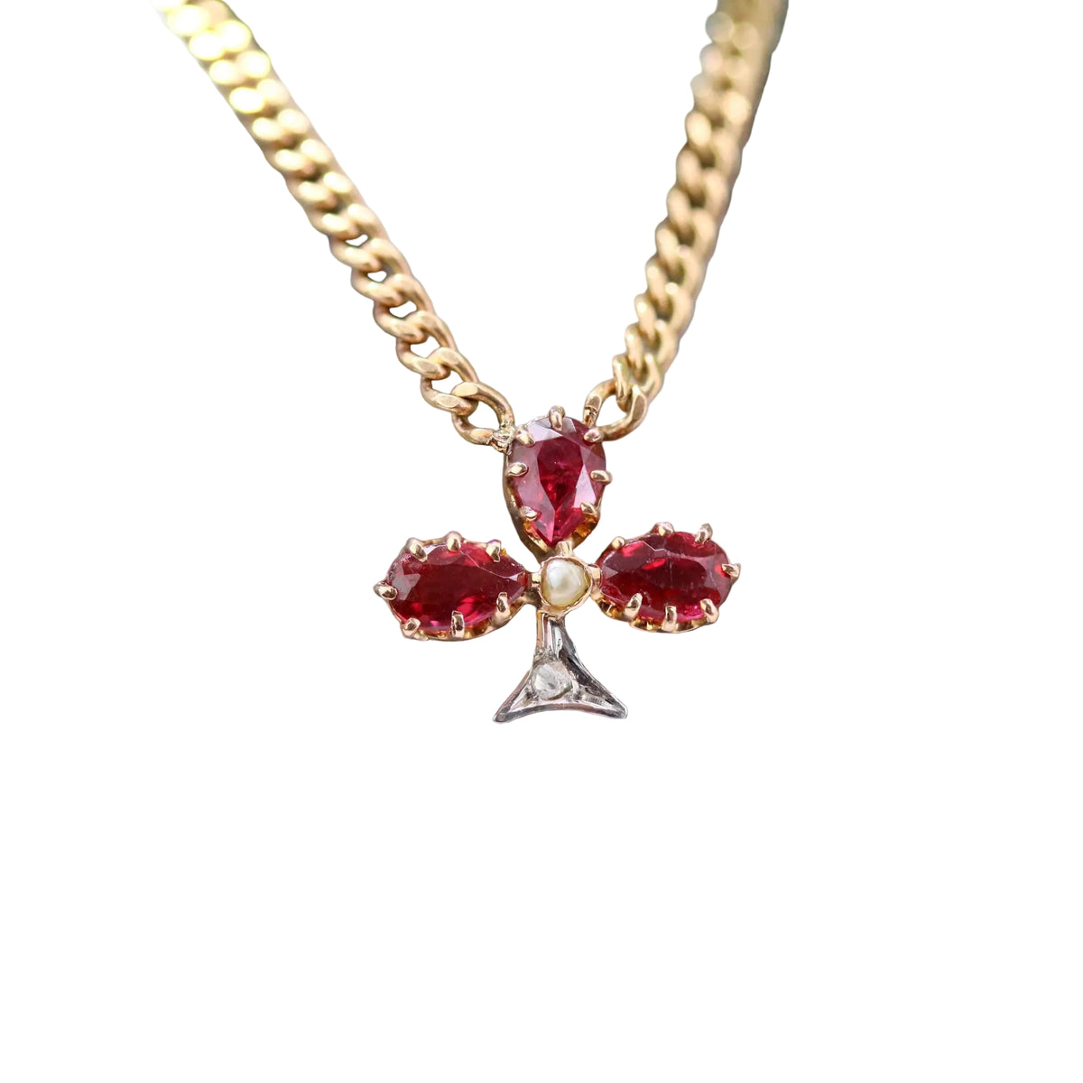 Rose Gold Necklace with Pendant, Pearl, Ruby, and Diamond