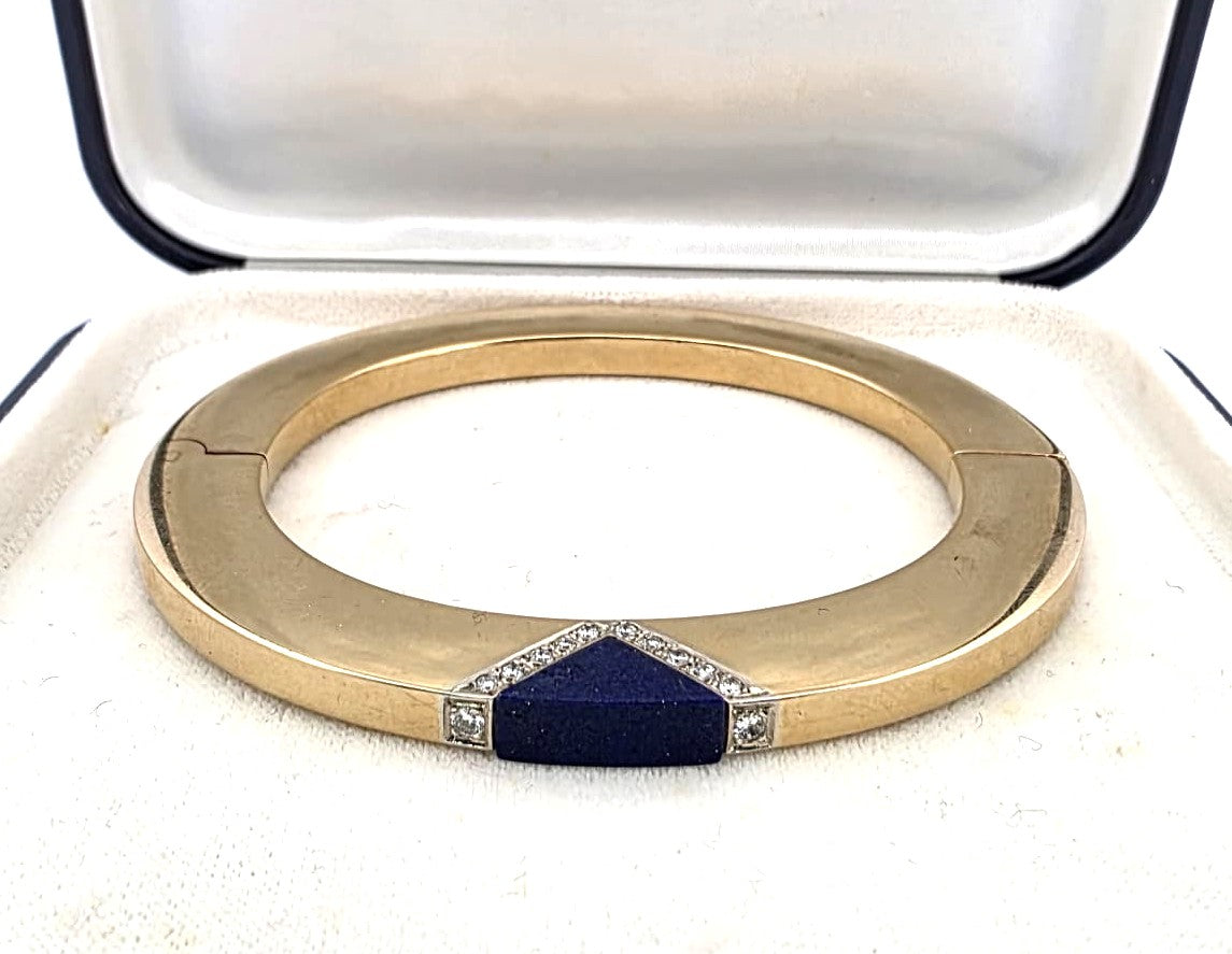 Yellow Gold Bangle Bracelet with Lapis lazuli and Diamonds