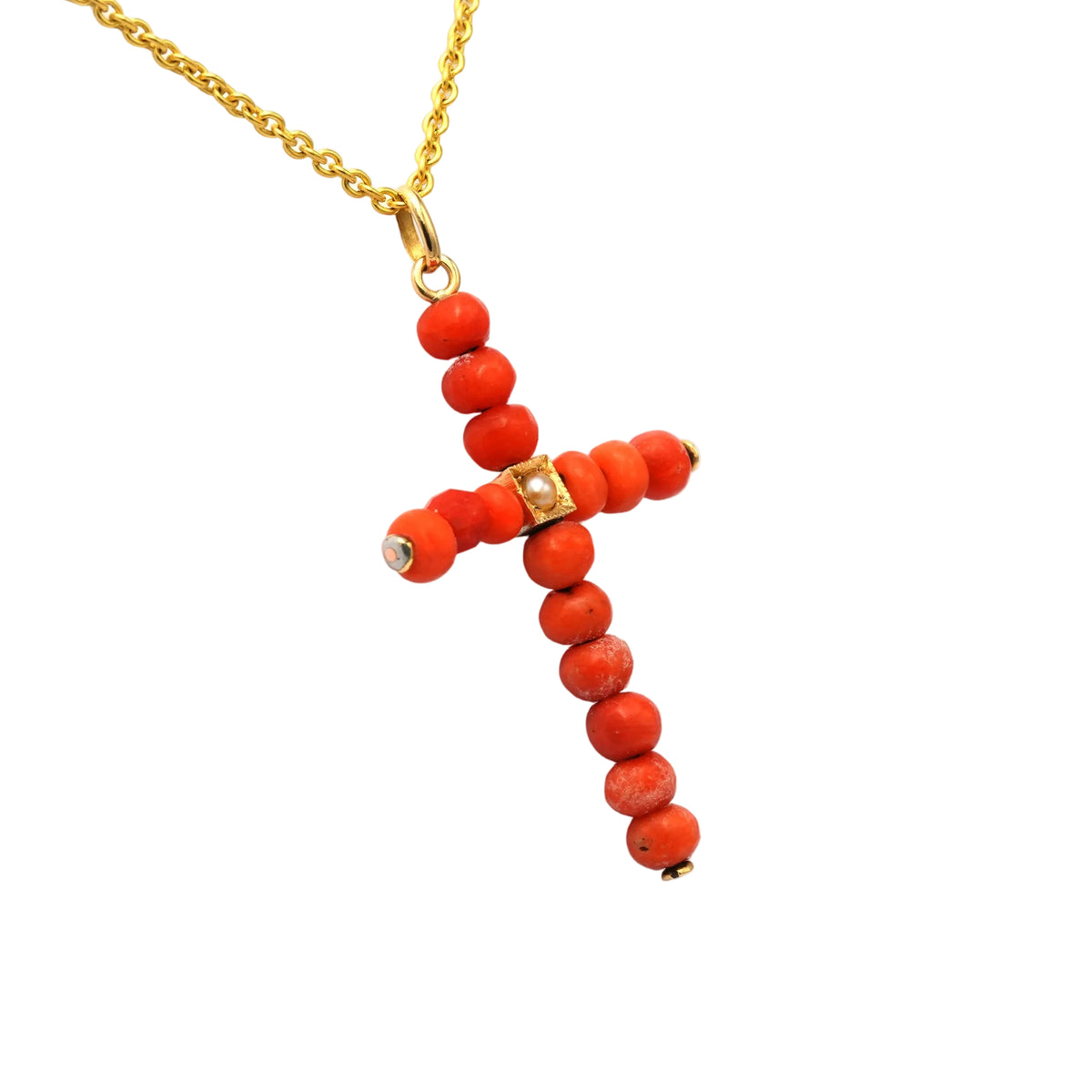 Yellow gold, pearl, and coral pendant