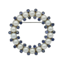 White Gold Brooch with Pearls and Sapphires