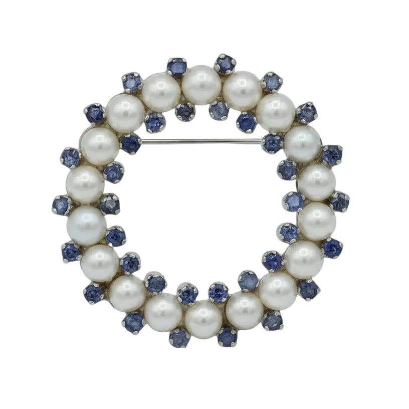 White Gold Brooch with Pearls and Sapphires