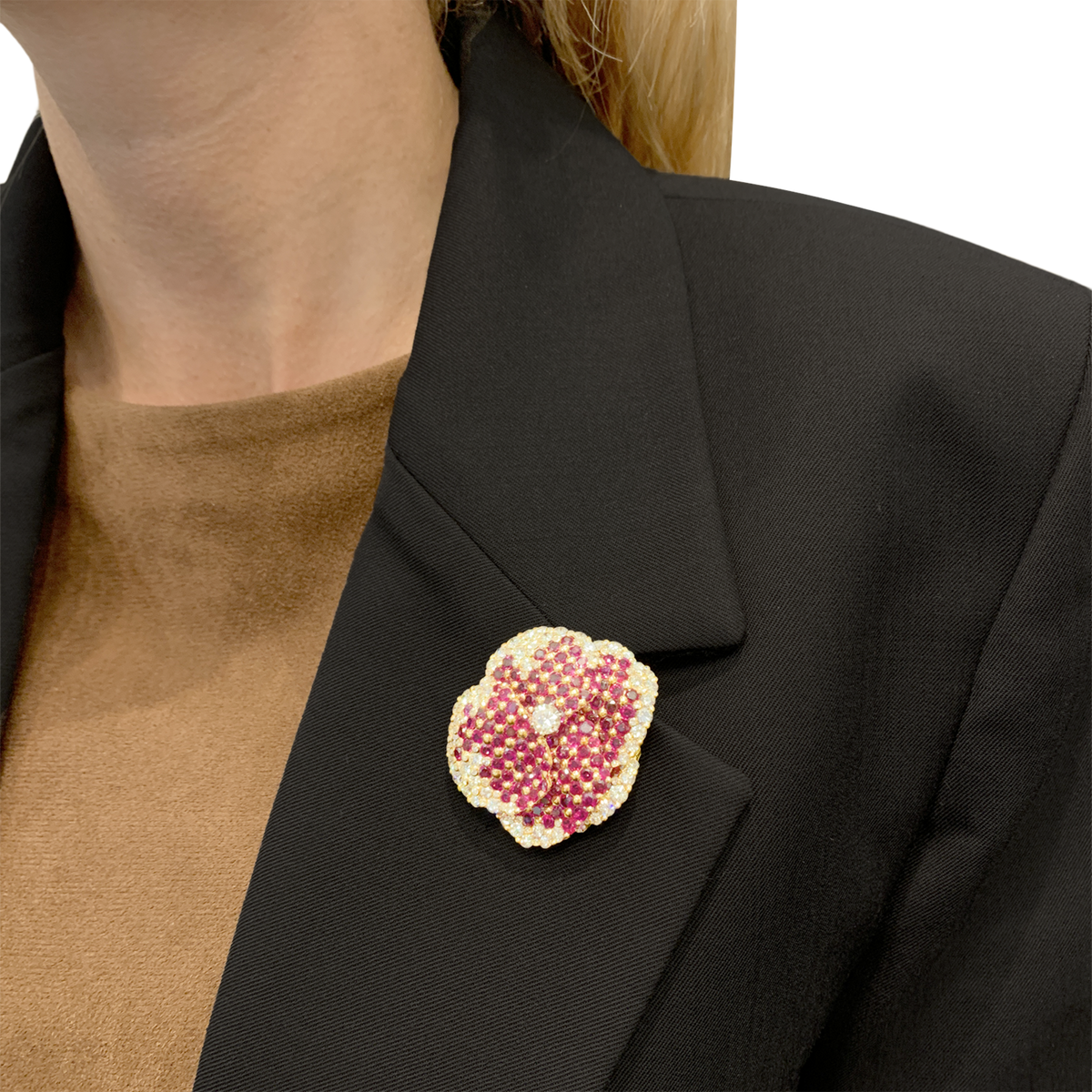 "Pansy" Clip Brooch in Yellow Gold, Rubies, and Diamonds