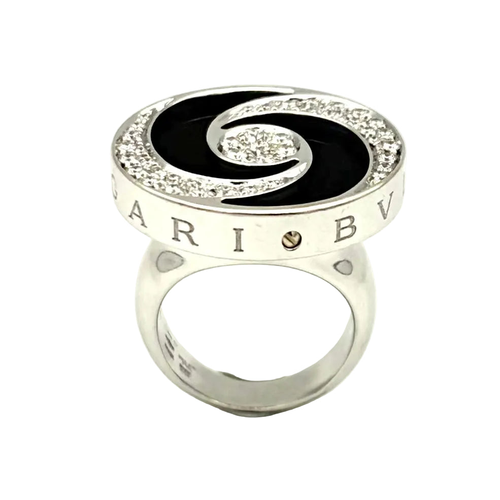BULGARI "Optical" Cocktail Ring in white gold, steel, Onyx, and Diamonds
