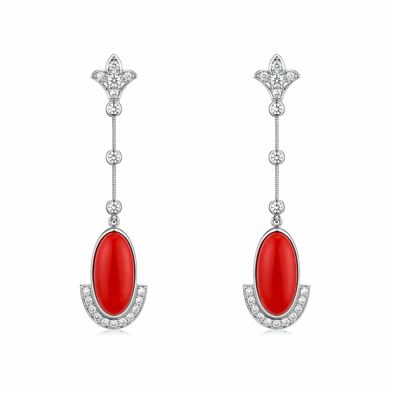 Boucles d'oreilles Pendantes en platine, corail et diamants