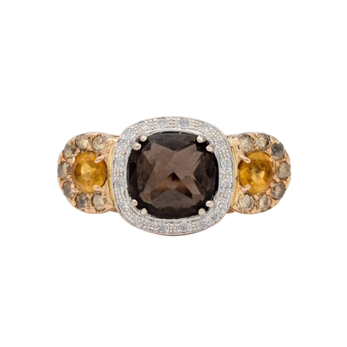 Trilogy Ring in white gold, rose gold, quartz, citrines, and diamonds