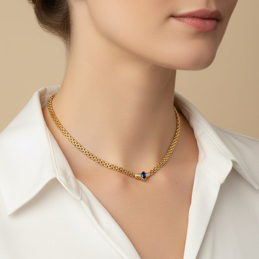 Necklace Vintage in yellow gold, sapphire and diamonds