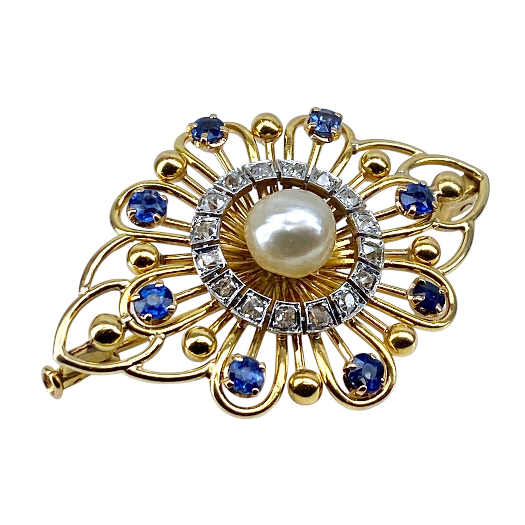 Gold brooch with sapphires, a pearl, and diamonds