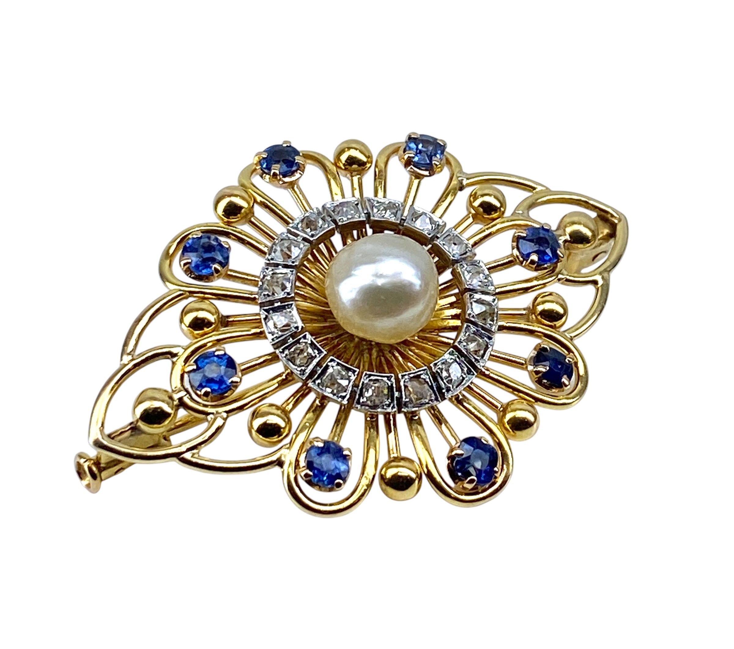 Gold brooch with sapphires, a pearl, and diamonds