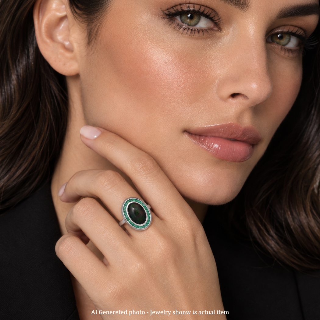 Cocktail Ring in Platinum, Opal, and Emeralds