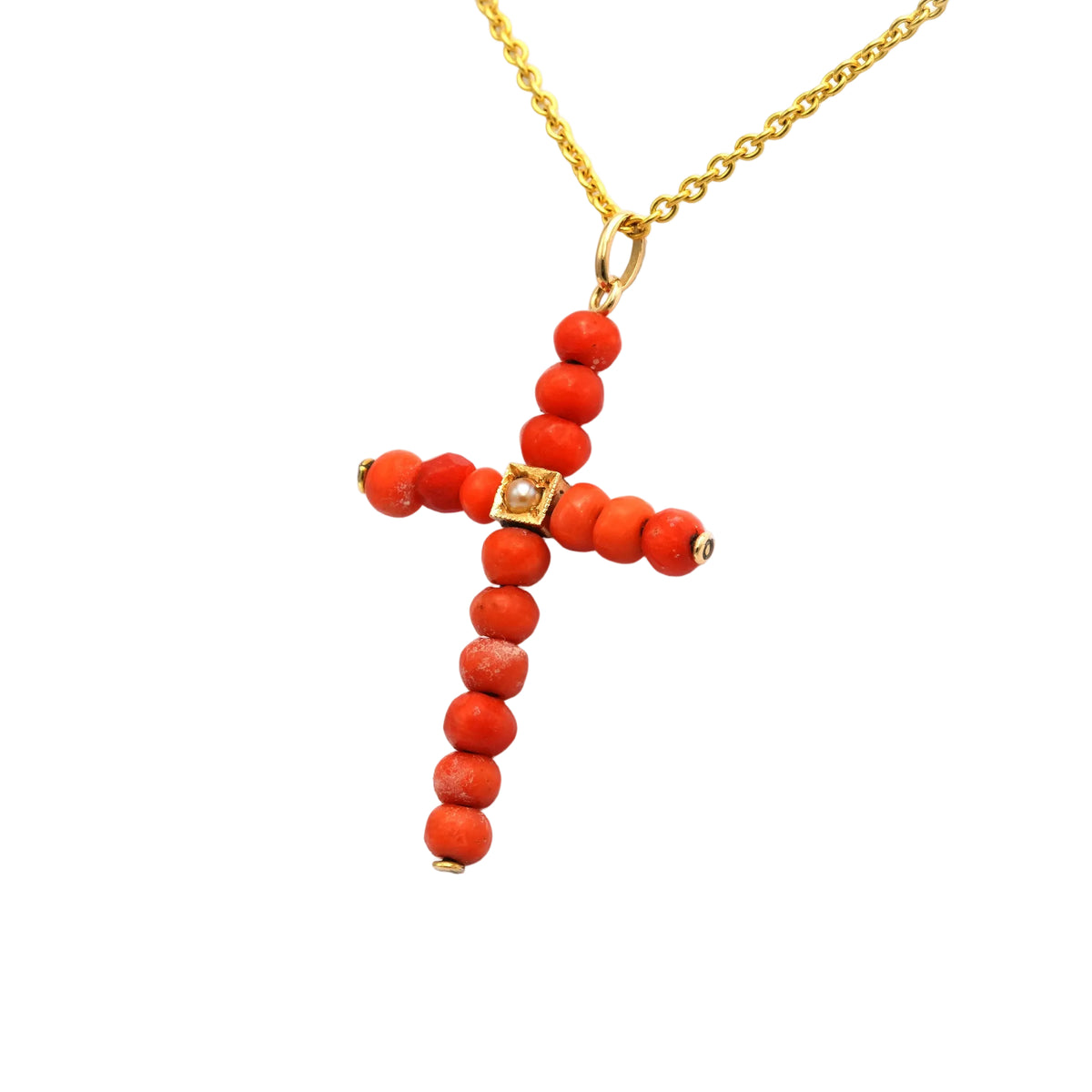 Yellow gold, pearl, and coral pendant