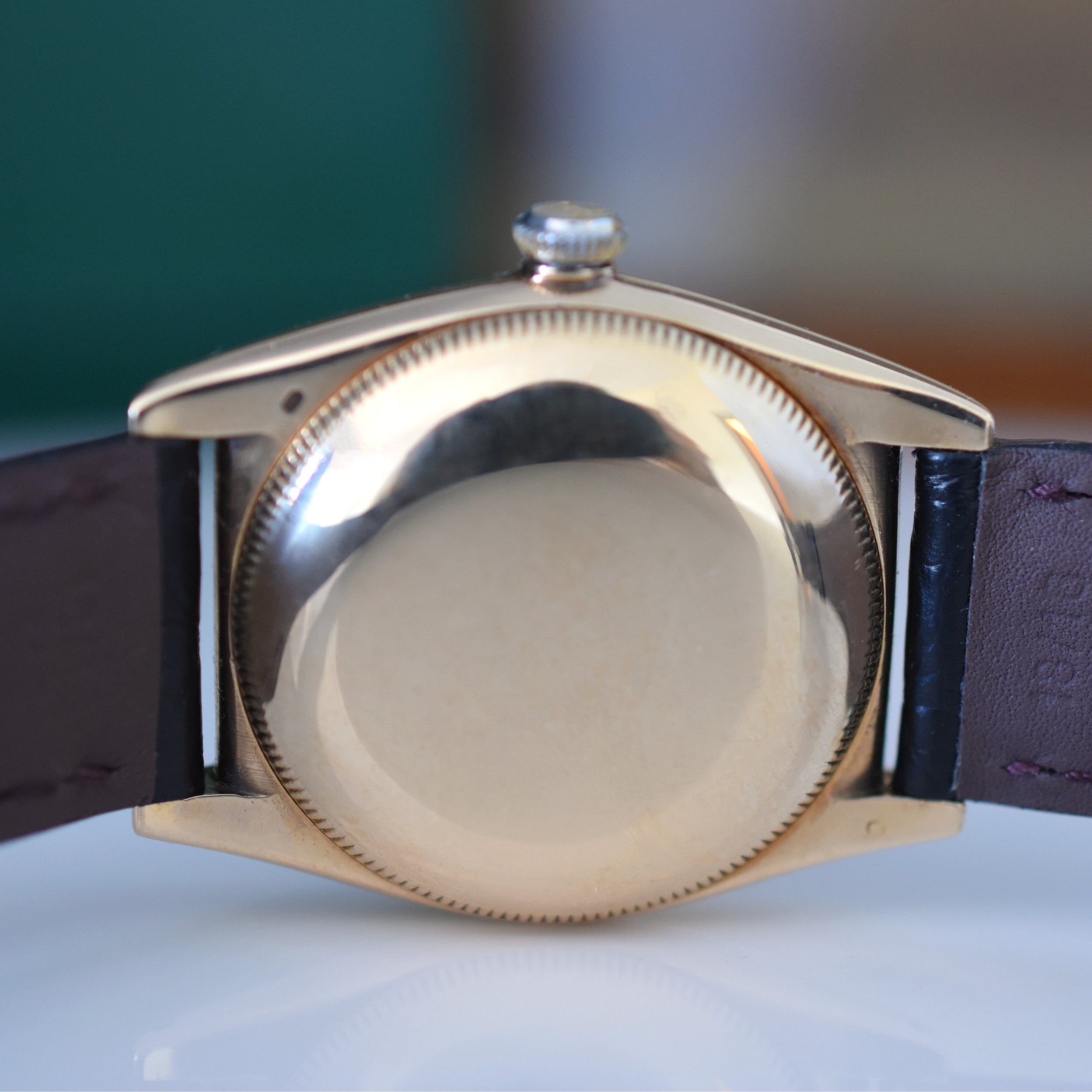 ROLEX "Oyster Perpetual Bubbleback Ovetto" watch in yellow gold and leather