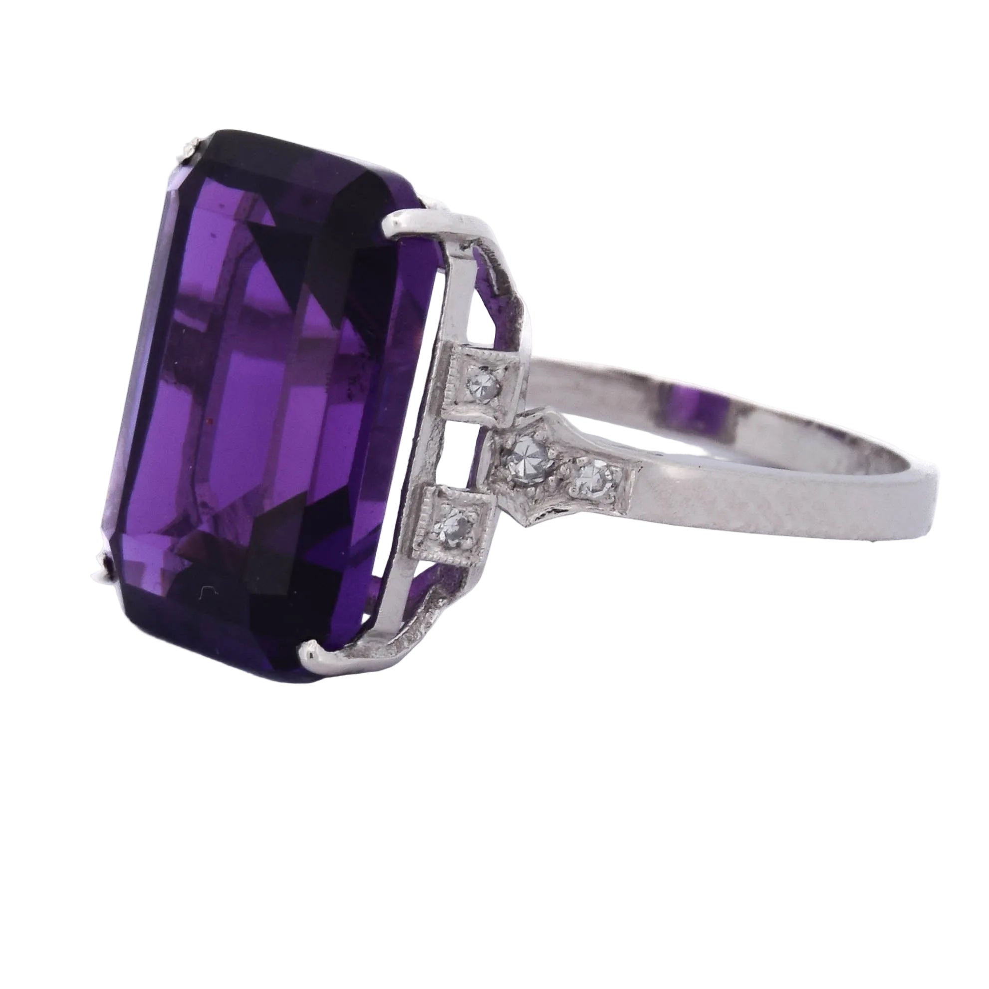 Platinum Solitaire Ring with Amethyst and Diamonds