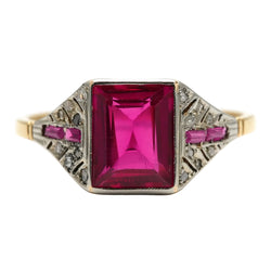 Art Deco ring in white gold, yellow gold, rubies, and diamonds