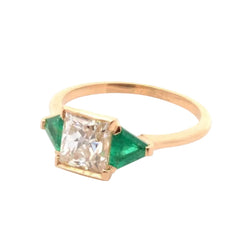 Trilogy Ring in yellow gold, emeralds, and diamonds